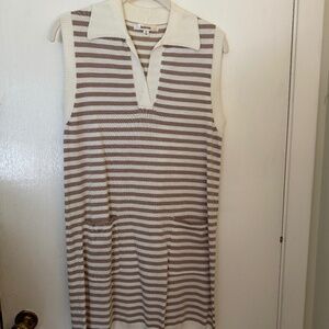 Tan and white striped knit polo dress